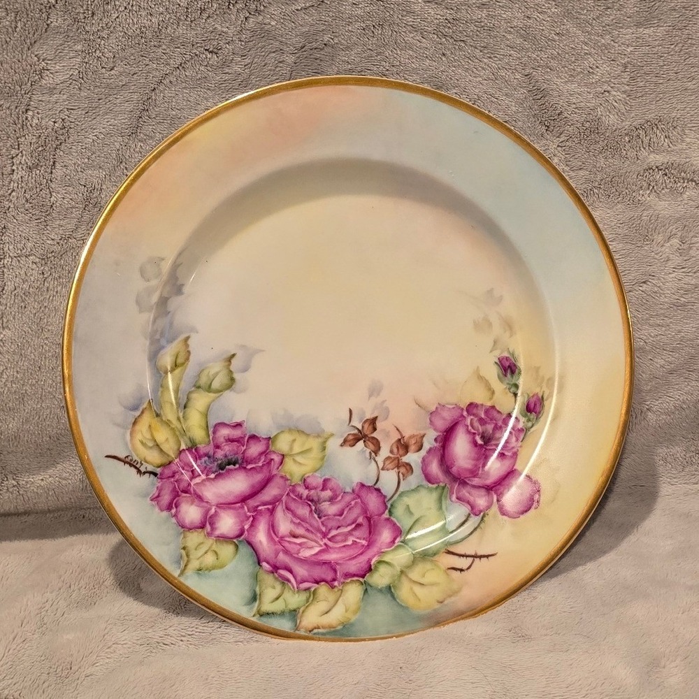 Vtg Bavaria The Baronial Hand Painted Purple Rose Porcelain Plate Gold Rim 10"